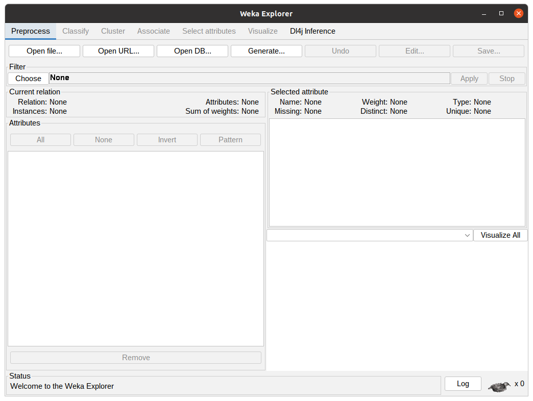 Screenshot of the WEKA Explorer window showing the Open file button.